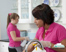 Professional cleaners working in kitchen